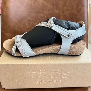 Taos Ziggie Silver Leather Braided Strappy  US  10/ 10.5.  Euro 41